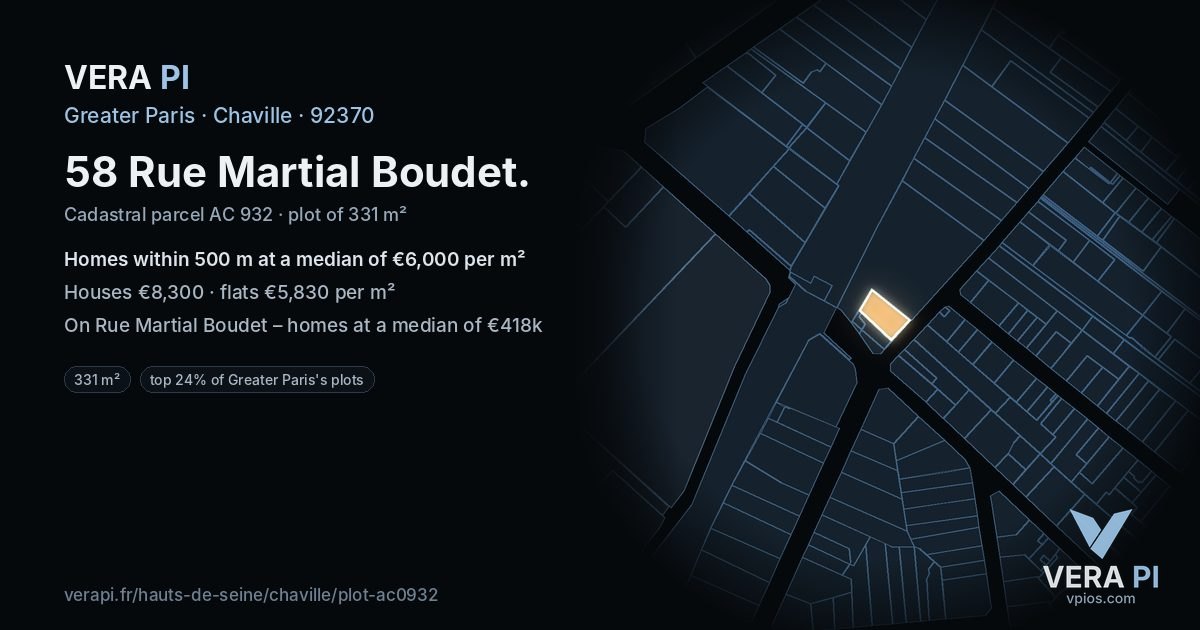 58 Rue Martial Boudet, Chaville at night – the plot lit, the parcels around coloured by the prices near them