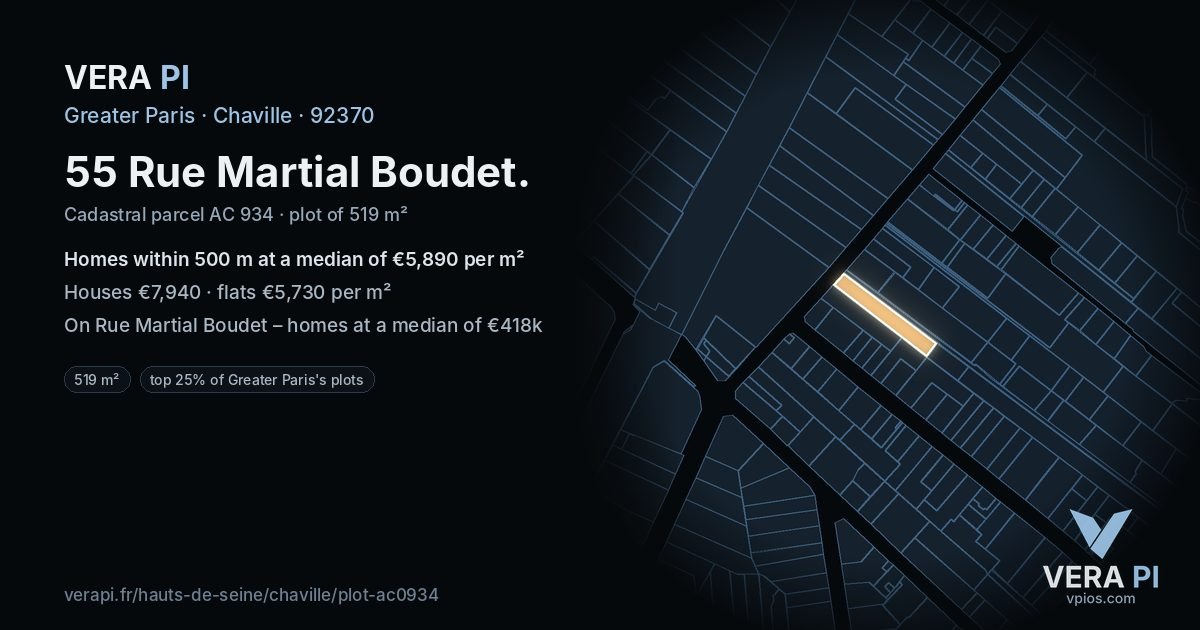 55 Rue Martial Boudet, Chaville at night – the plot lit, the parcels around coloured by the prices near them