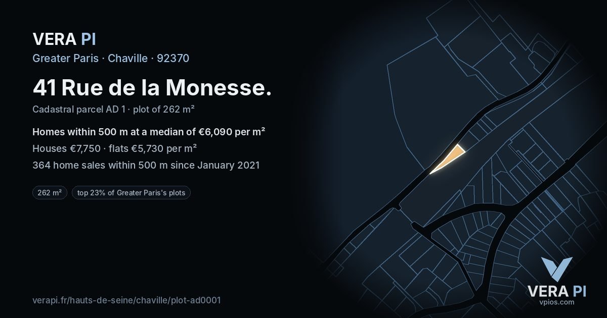 41 Rue de la Monesse, Chaville at night – the plot lit, the parcels around coloured by the prices near them