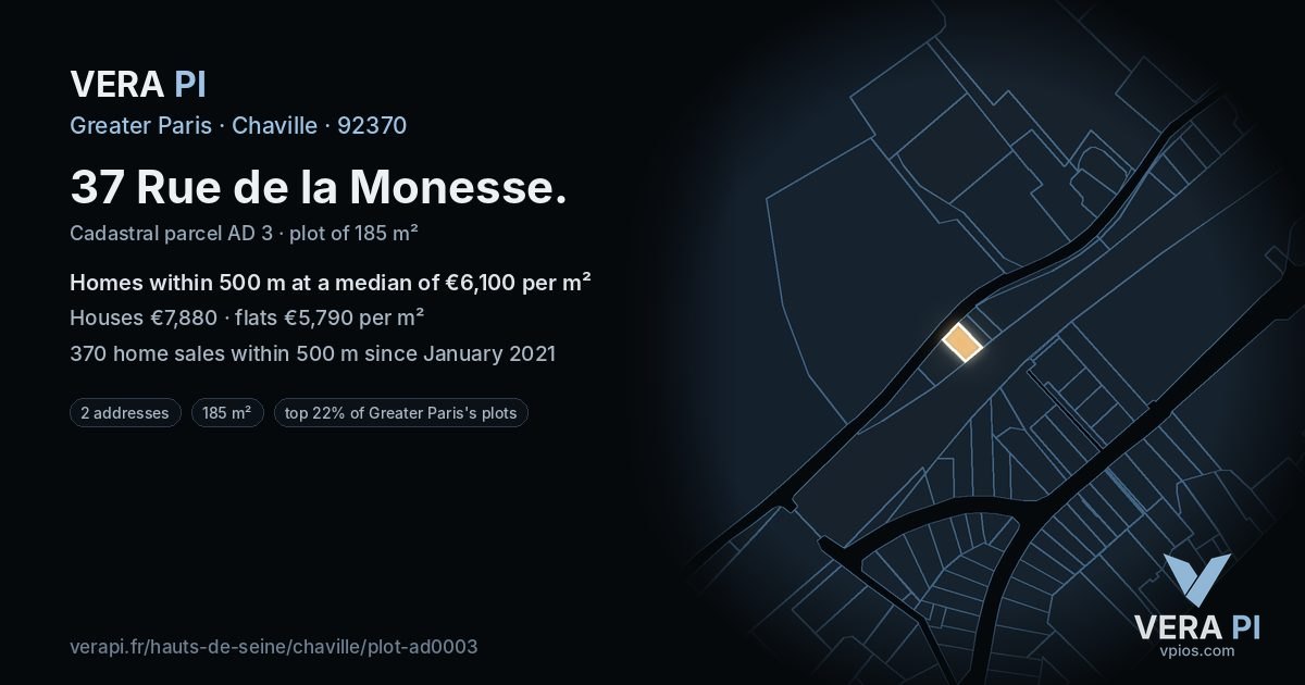 37 Rue de la Monesse, Chaville at night – the plot lit, the parcels around coloured by the prices near them