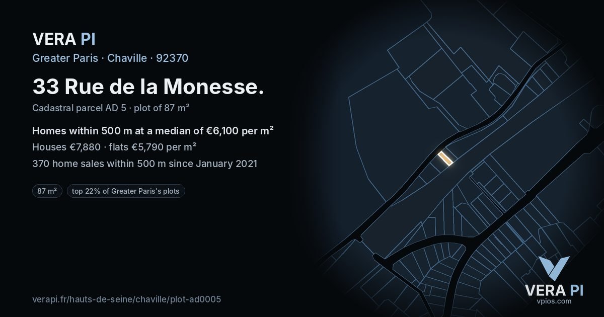 33 Rue de la Monesse, Chaville at night – the plot lit, the parcels around coloured by the prices near them