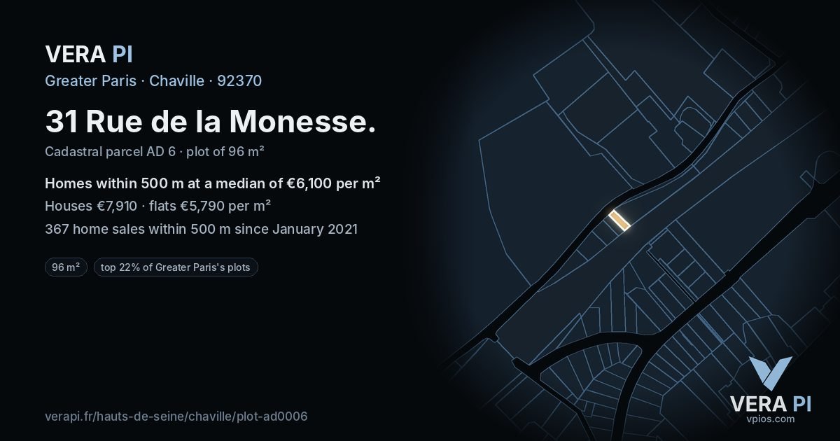 31 Rue de la Monesse, Chaville at night – the plot lit, the parcels around coloured by the prices near them