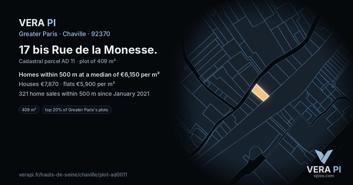 17 bis Rue de la Monesse, Chaville at night – the plot lit, the parcels around coloured by the prices near them