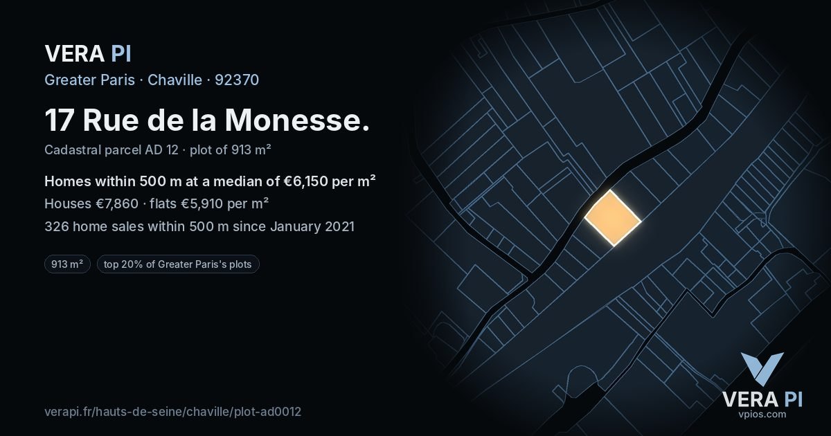 17 Rue de la Monesse, Chaville at night – the plot lit, the parcels around coloured by the prices near them