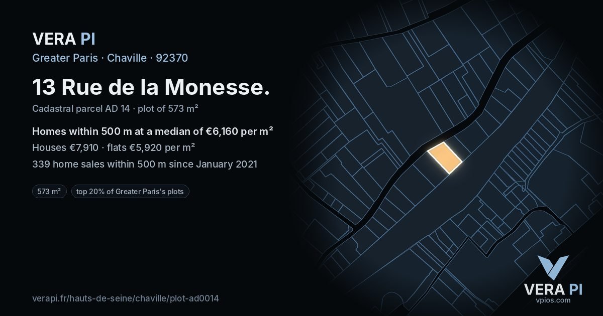 13 Rue de la Monesse, Chaville at night – the plot lit, the parcels around coloured by the prices near them