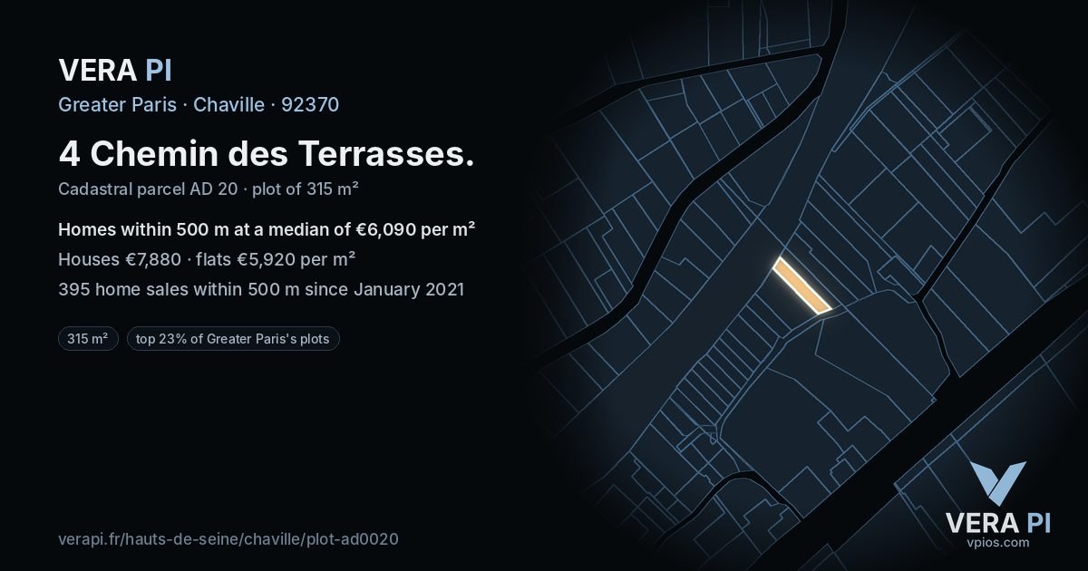 4 Chemin des Terrasses, Chaville at night – the plot lit, the parcels around coloured by the prices near them