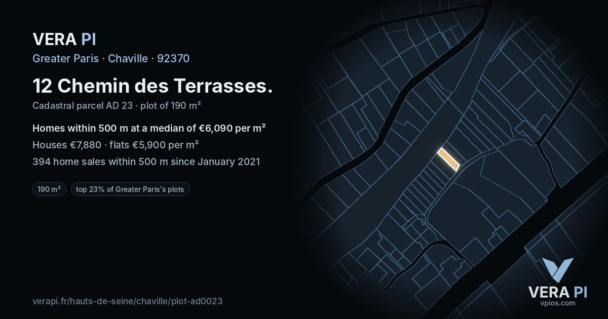 12 Chemin des Terrasses, Chaville at night – the plot lit, the parcels around coloured by the prices near them