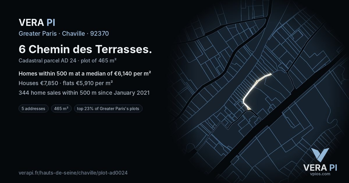 6 Chemin des Terrasses, Chaville at night – the plot lit, the parcels around coloured by the prices near them