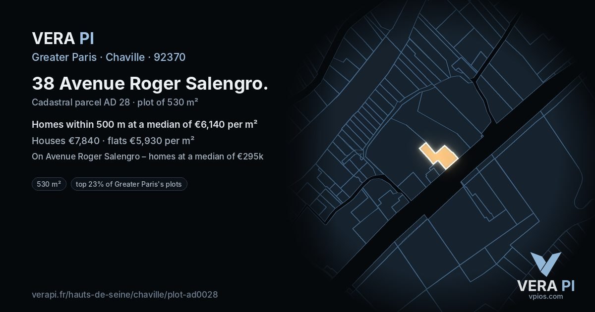 38 Avenue Roger Salengro, Chaville at night – the plot lit, the parcels around coloured by the prices near them