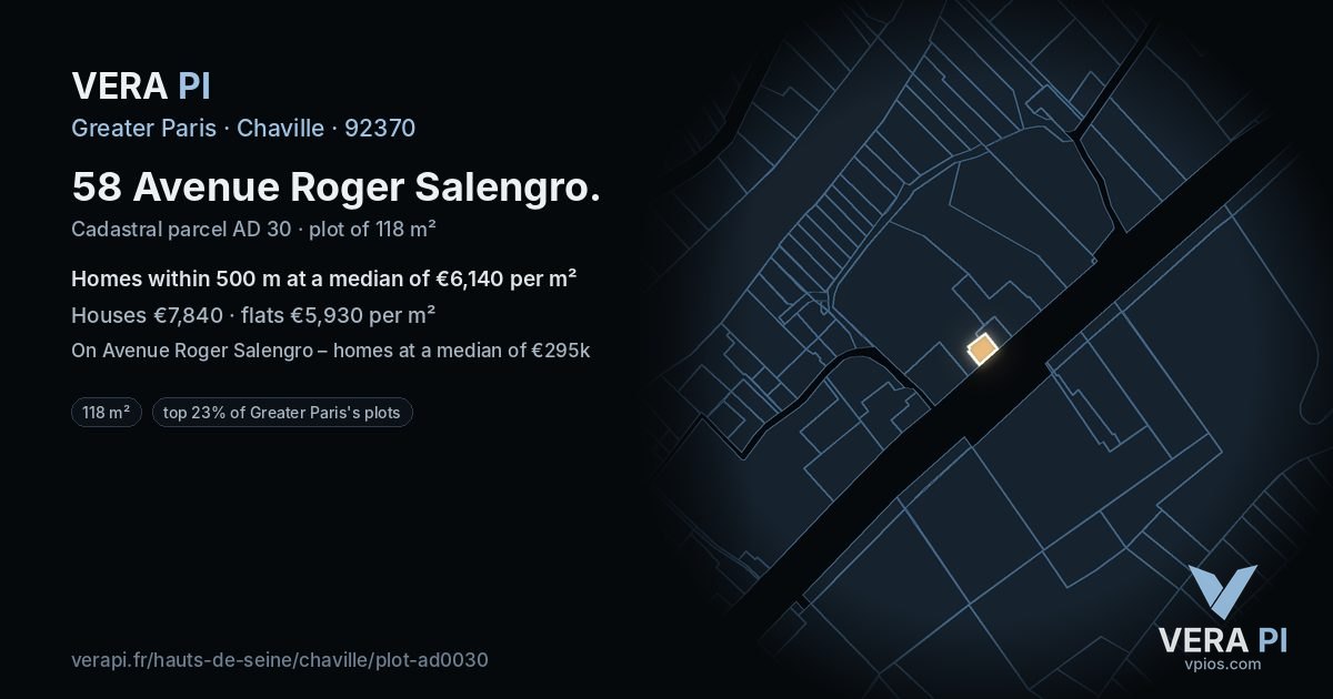 58 Avenue Roger Salengro, Chaville at night – the plot lit, the parcels around coloured by the prices near them