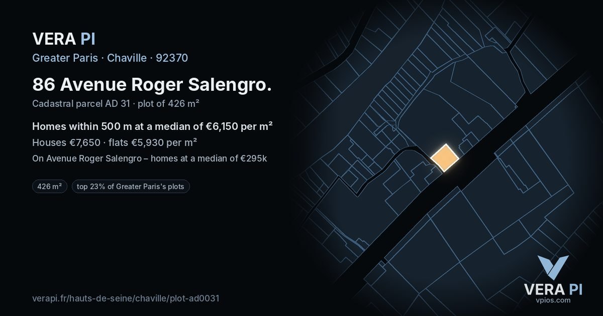 86 Avenue Roger Salengro, Chaville at night – the plot lit, the parcels around coloured by the prices near them