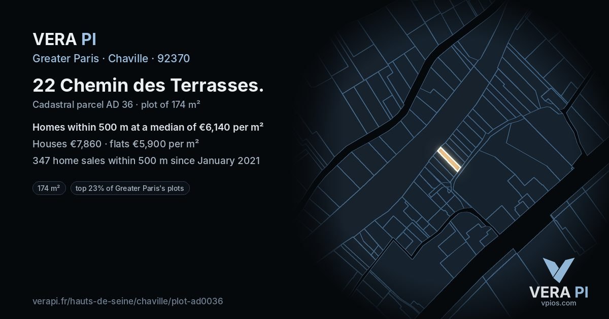 22 Chemin des Terrasses, Chaville at night – the plot lit, the parcels around coloured by the prices near them