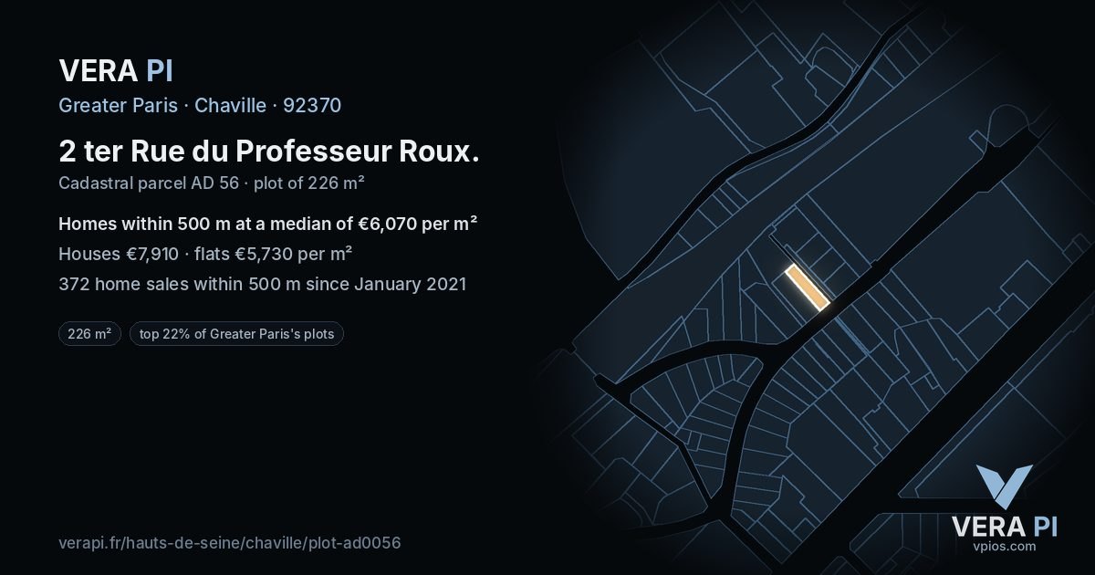 2 ter Rue du Professeur Roux, Chaville at night – the plot lit, the parcels around coloured by the prices near them