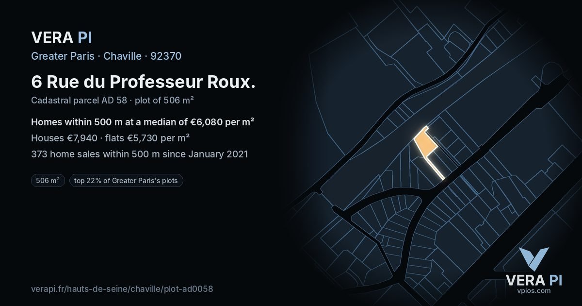6 Rue du Professeur Roux, Chaville at night – the plot lit, the parcels around coloured by the prices near them