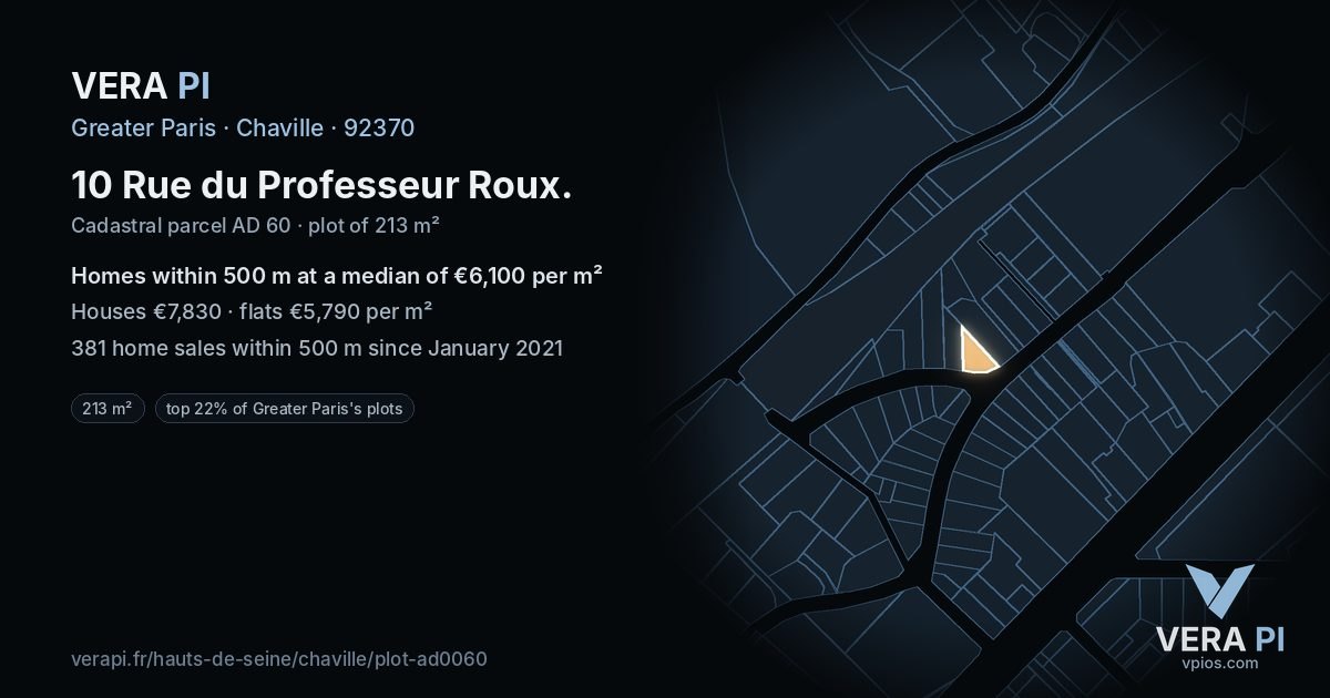 10 Rue du Professeur Roux, Chaville at night – the plot lit, the parcels around coloured by the prices near them