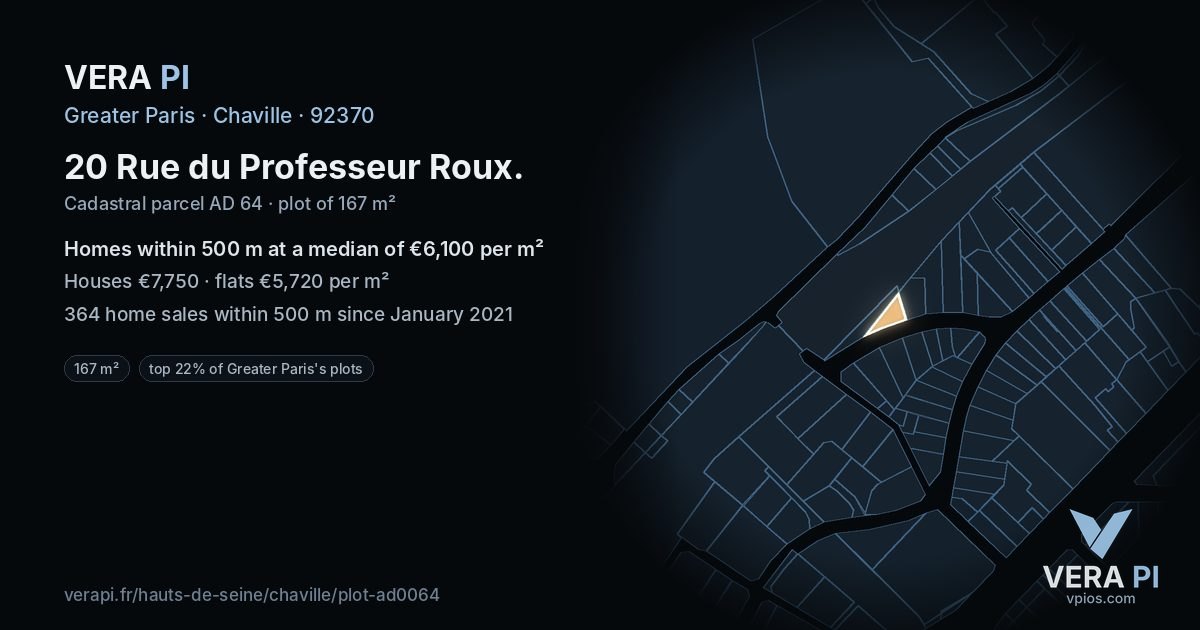 20 Rue du Professeur Roux, Chaville at night – the plot lit, the parcels around coloured by the prices near them