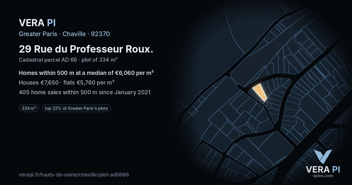 29 Rue du Professeur Roux, Chaville at night – the plot lit, the parcels around coloured by the prices near them
