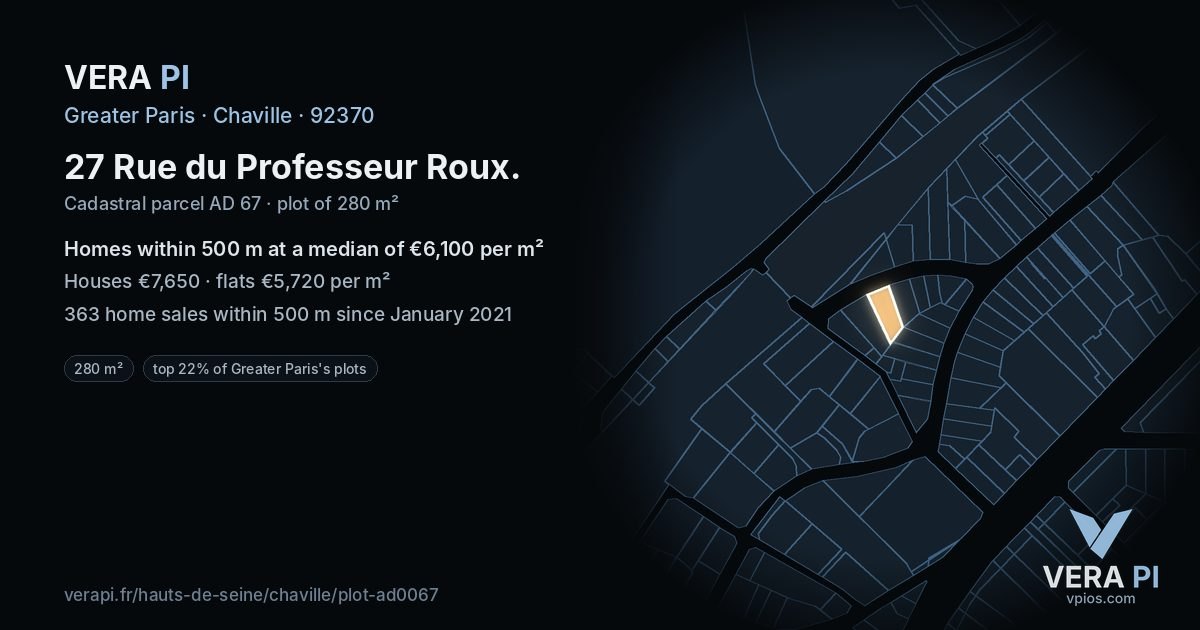 27 Rue du Professeur Roux, Chaville at night – the plot lit, the parcels around coloured by the prices near them
