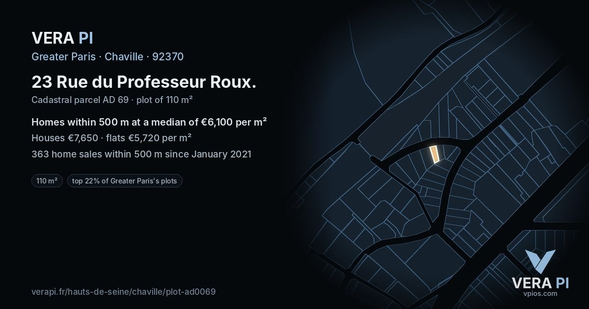 23 Rue du Professeur Roux, Chaville at night – the plot lit, the parcels around coloured by the prices near them
