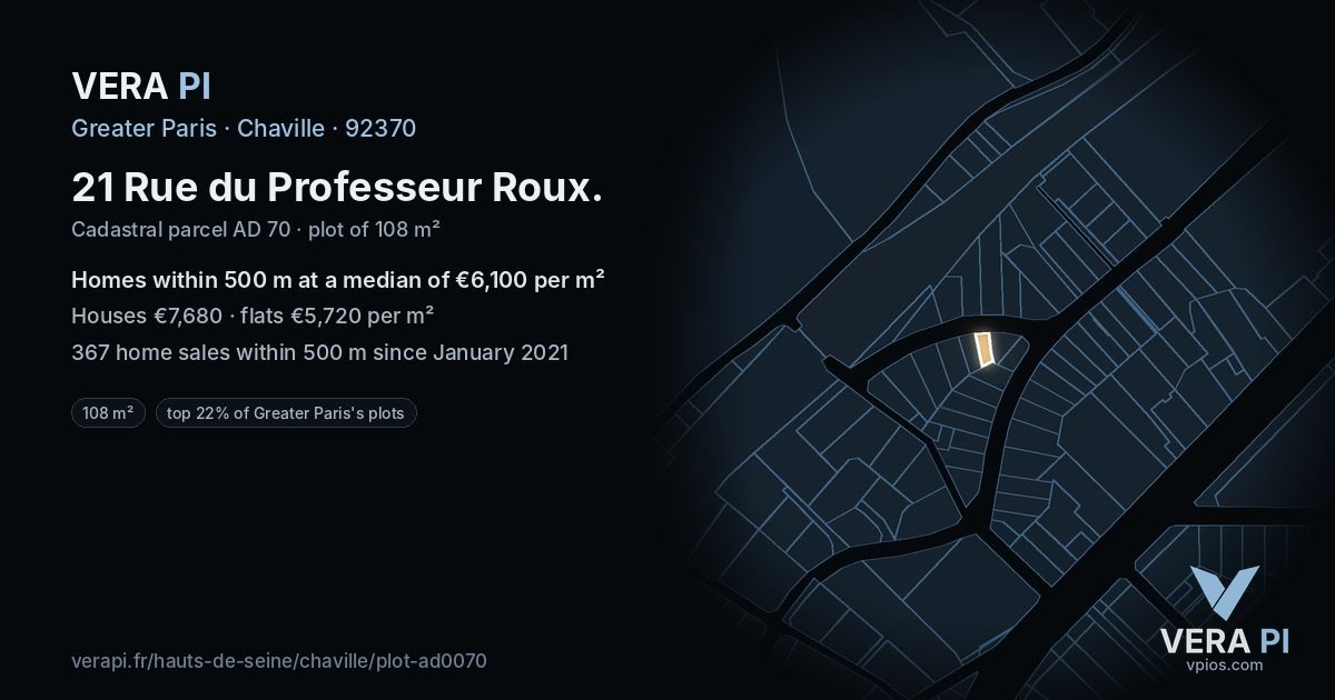 21 Rue du Professeur Roux, Chaville at night – the plot lit, the parcels around coloured by the prices near them