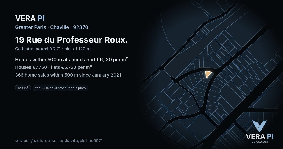 19 Rue du Professeur Roux, Chaville at night – the plot lit, the parcels around coloured by the prices near them