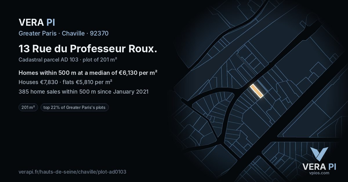 13 Rue du Professeur Roux, Chaville at night – the plot lit, the parcels around coloured by the prices near them