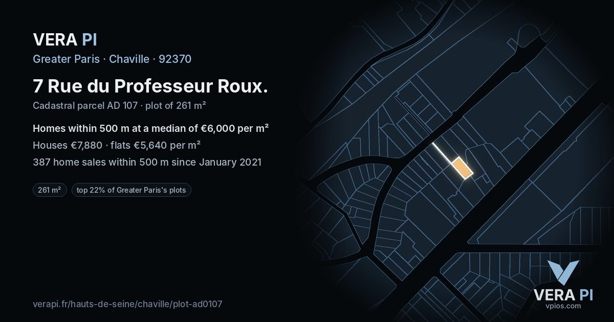 7 Rue du Professeur Roux, Chaville at night – the plot lit, the parcels around coloured by the prices near them