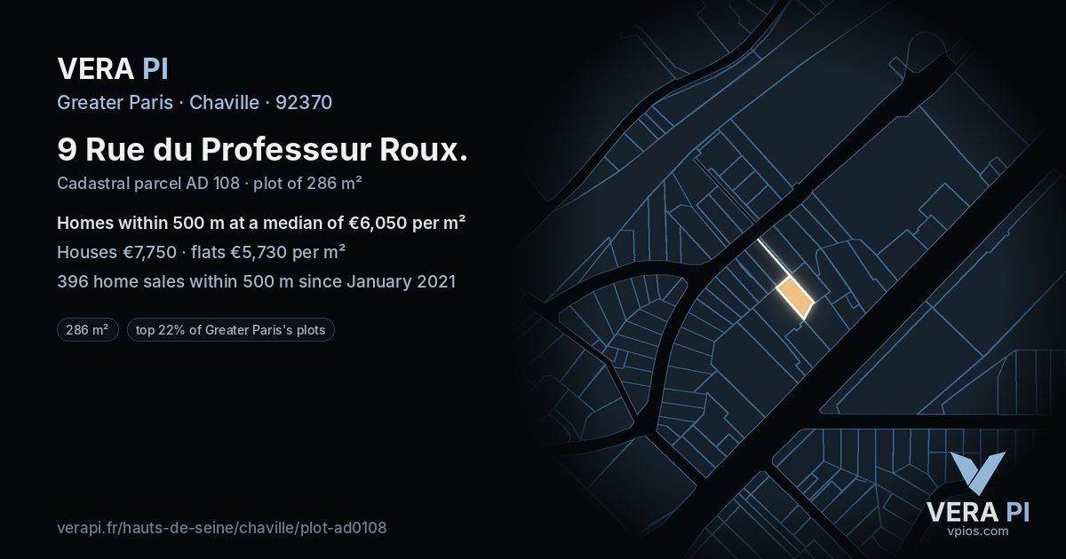 9 Rue du Professeur Roux, Chaville at night – the plot lit, the parcels around coloured by the prices near them