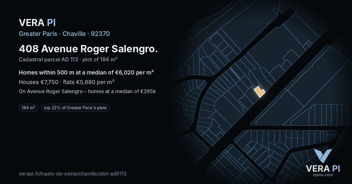408 Avenue Roger Salengro, Chaville at night – the plot lit, the parcels around coloured by the prices near them