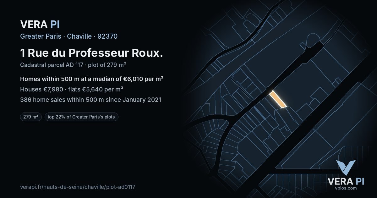 1 Rue du Professeur Roux, Chaville at night – the plot lit, the parcels around coloured by the prices near them