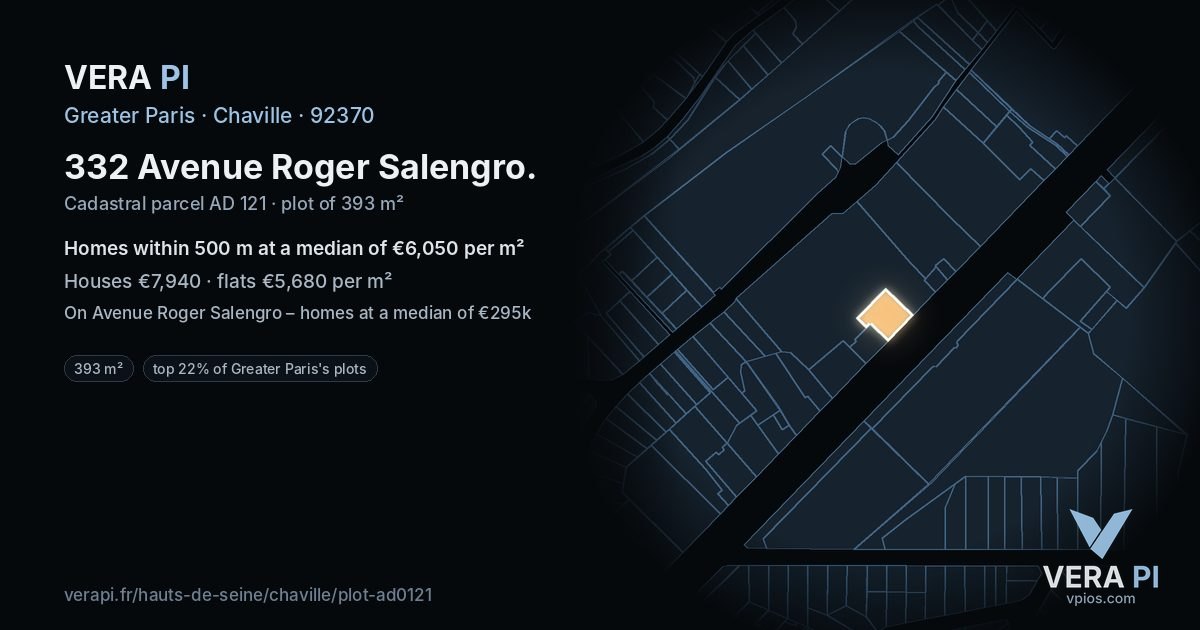 332 Avenue Roger Salengro, Chaville at night – the plot lit, the parcels around coloured by the prices near them
