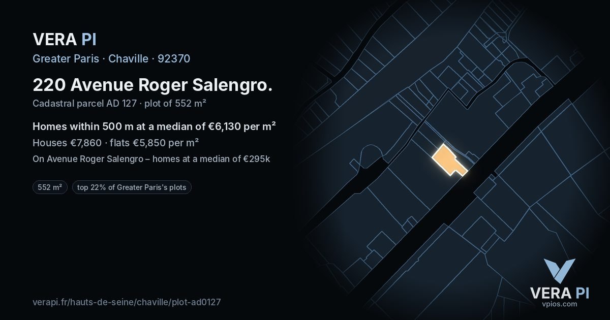 220 Avenue Roger Salengro, Chaville at night – the plot lit, the parcels around coloured by the prices near them