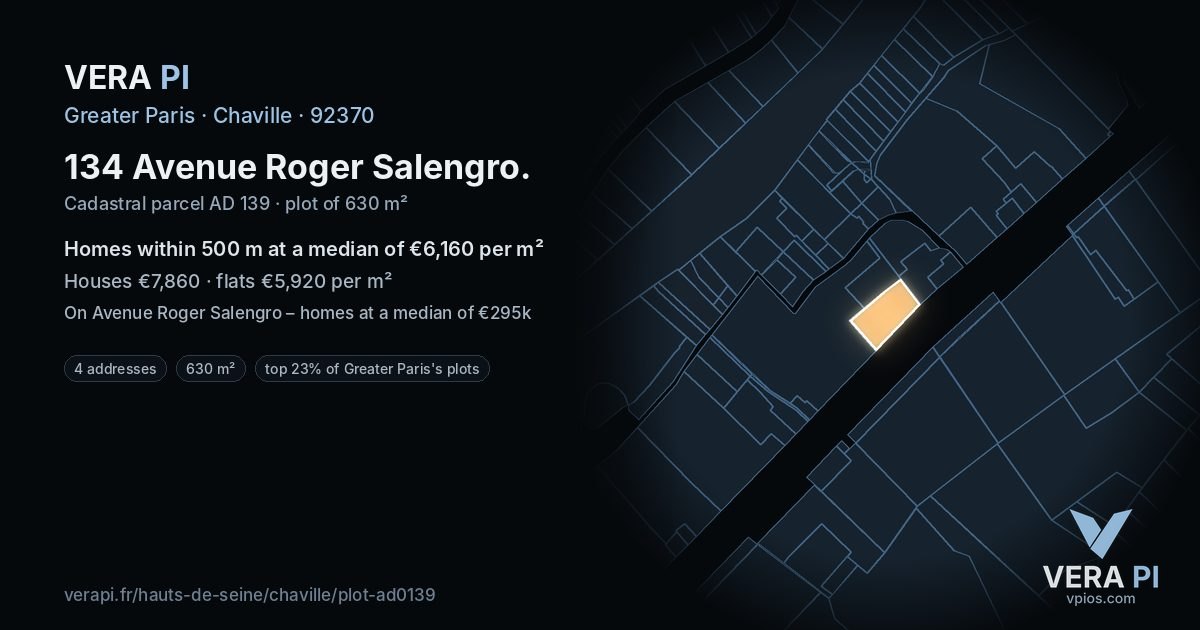 134 Avenue Roger Salengro, Chaville at night – the plot lit, the parcels around coloured by the prices near them
