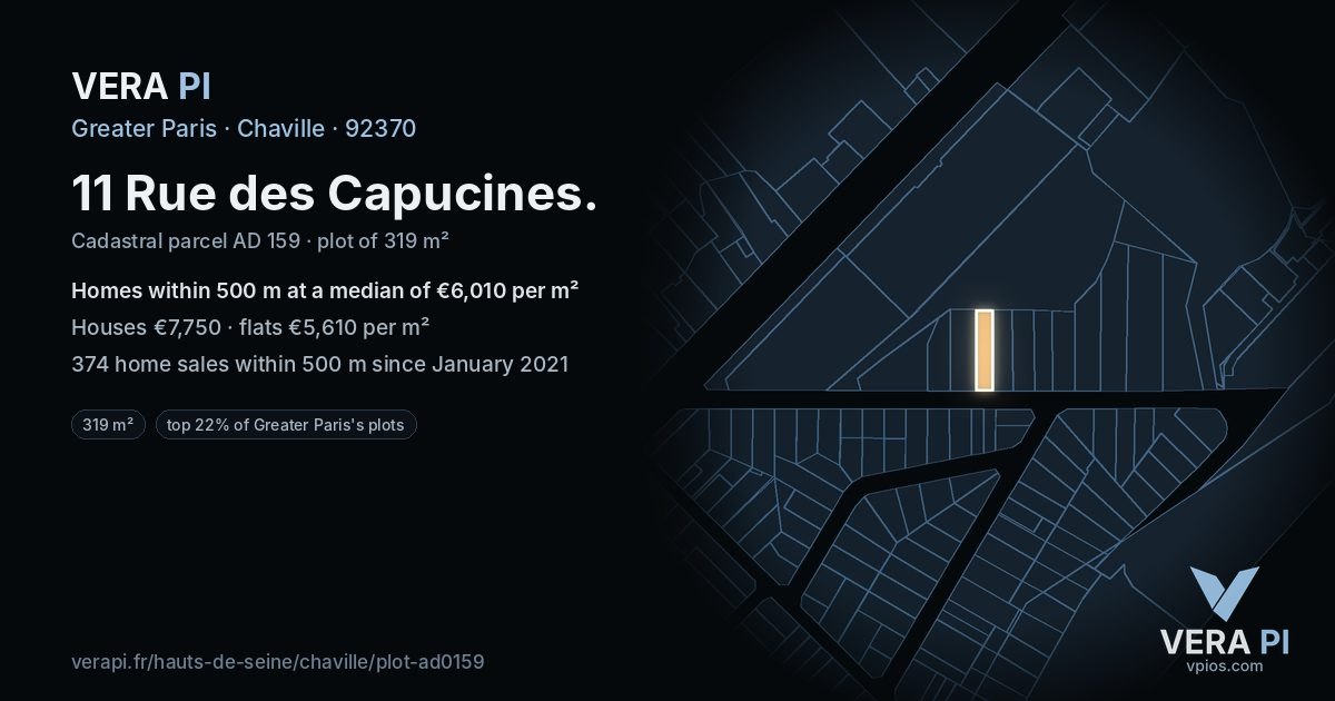 11 Rue des Capucines, Chaville at night – the plot lit, the parcels around coloured by the prices near them