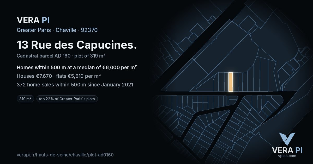 13 Rue des Capucines, Chaville at night – the plot lit, the parcels around coloured by the prices near them