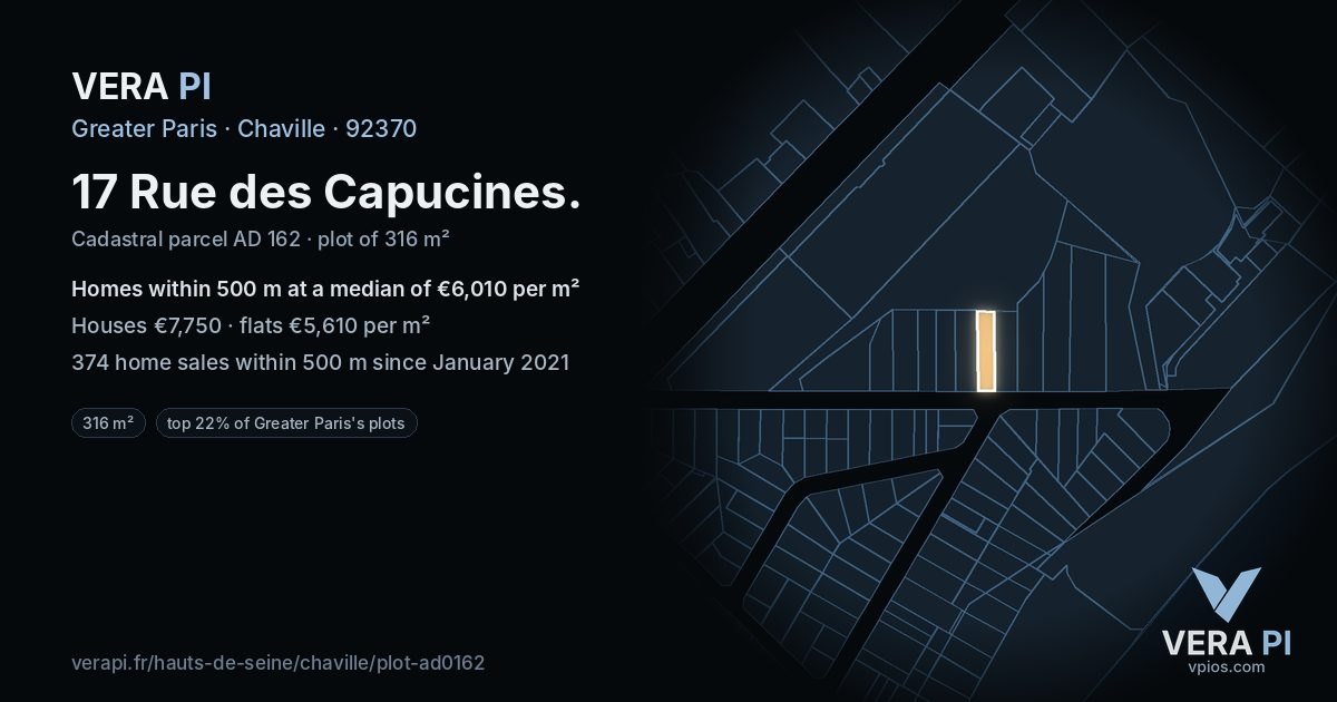 17 Rue des Capucines, Chaville at night – the plot lit, the parcels around coloured by the prices near them
