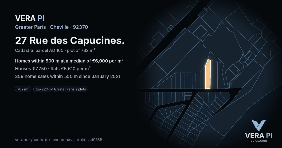 27 Rue des Capucines, Chaville at night – the plot lit, the parcels around coloured by the prices near them