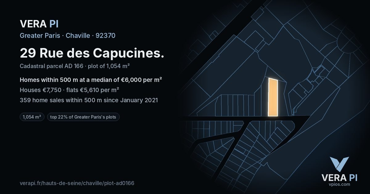 29 Rue des Capucines, Chaville at night – the plot lit, the parcels around coloured by the prices near them