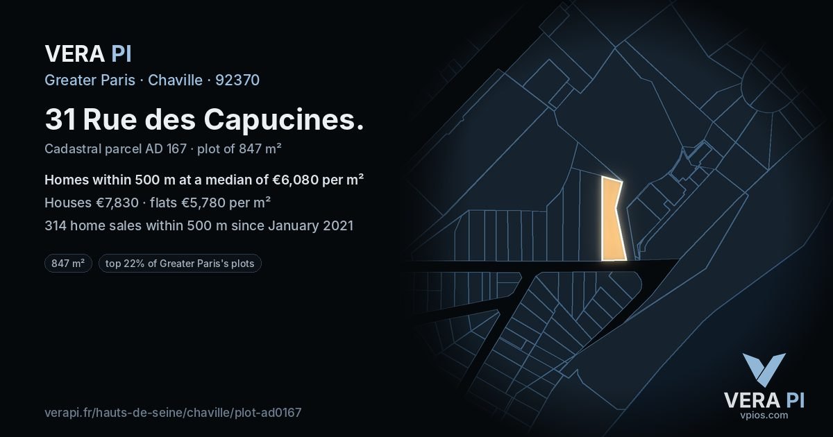 31 Rue des Capucines, Chaville at night – the plot lit, the parcels around coloured by the prices near them