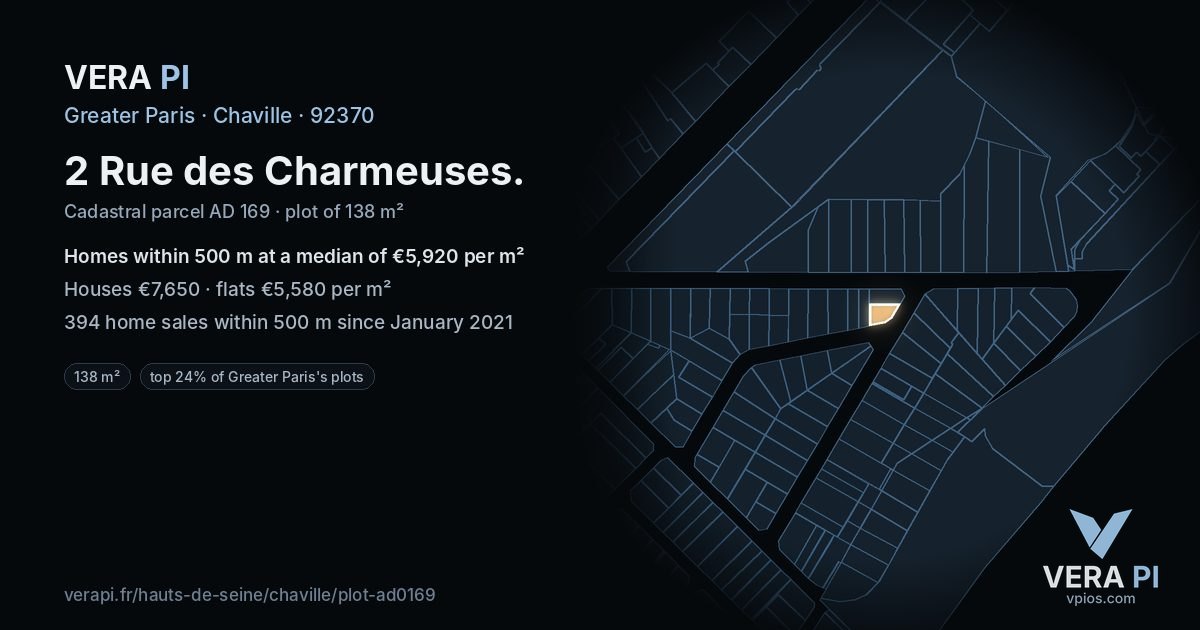 2 Rue des Charmeuses, Chaville at night – the plot lit, the parcels around coloured by the prices near them