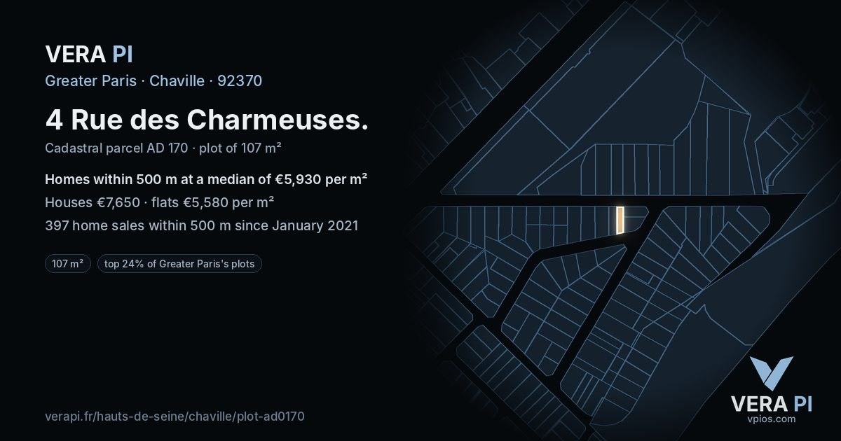 4 Rue des Charmeuses, Chaville at night – the plot lit, the parcels around coloured by the prices near them