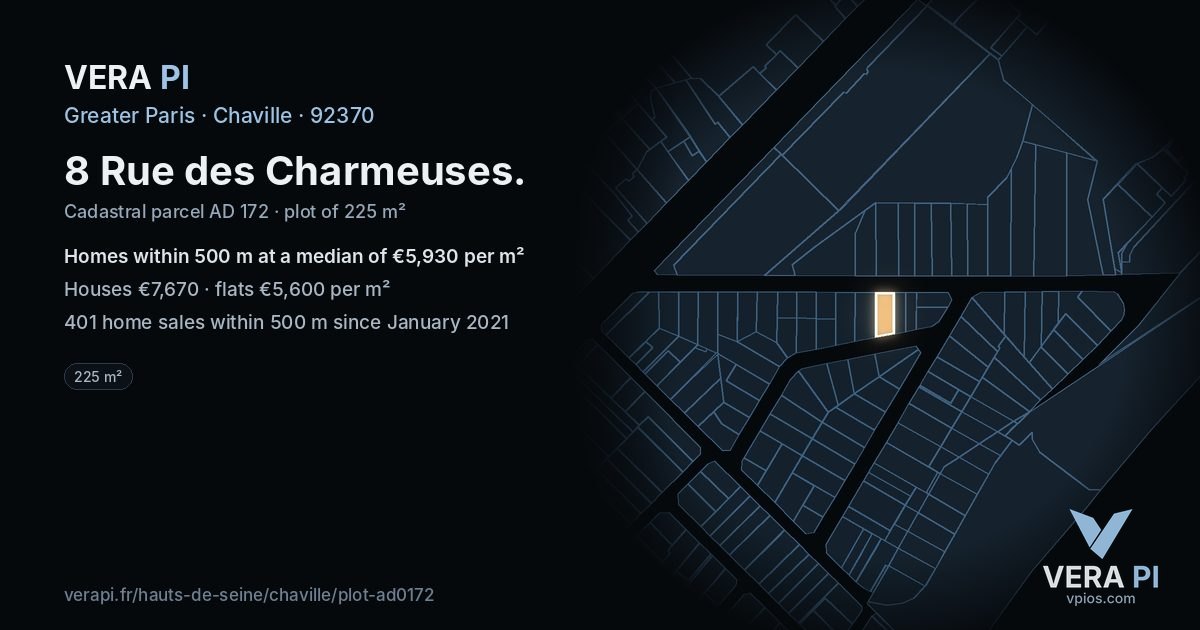 8 Rue des Charmeuses, Chaville at night – the plot lit, the parcels around coloured by the prices near them