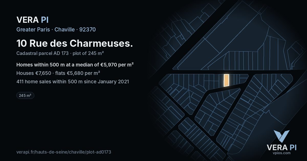 10 Rue des Charmeuses, Chaville at night – the plot lit, the parcels around coloured by the prices near them
