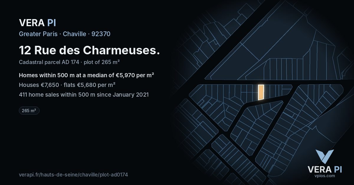 12 Rue des Charmeuses, Chaville at night – the plot lit, the parcels around coloured by the prices near them