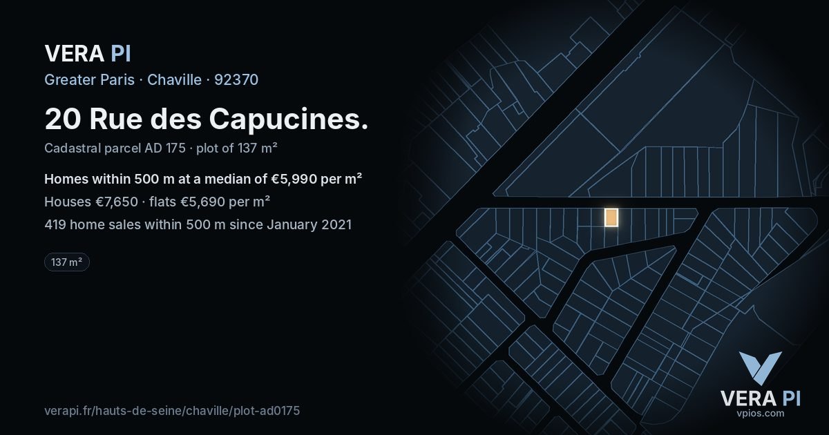 20 Rue des Capucines, Chaville at night – the plot lit, the parcels around coloured by the prices near them