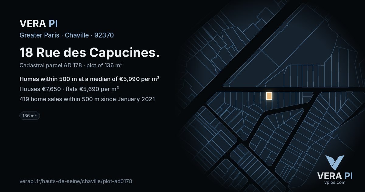 18 Rue des Capucines, Chaville at night – the plot lit, the parcels around coloured by the prices near them