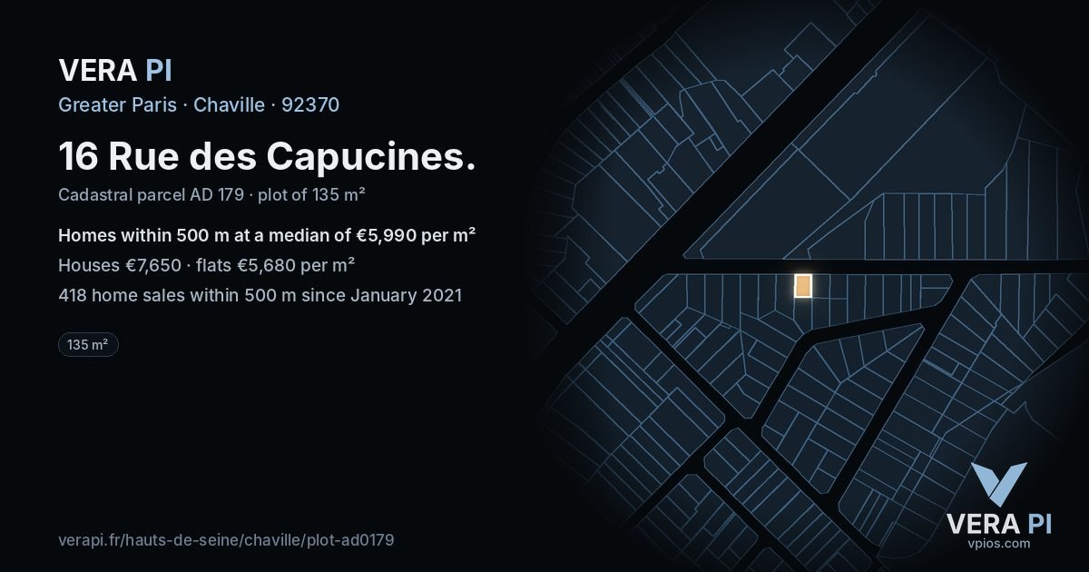 16 Rue des Capucines, Chaville at night – the plot lit, the parcels around coloured by the prices near them