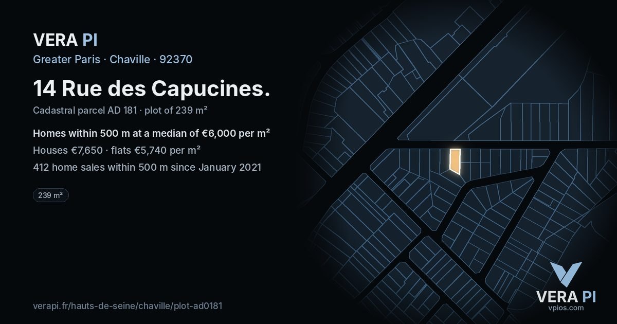 14 Rue des Capucines, Chaville at night – the plot lit, the parcels around coloured by the prices near them