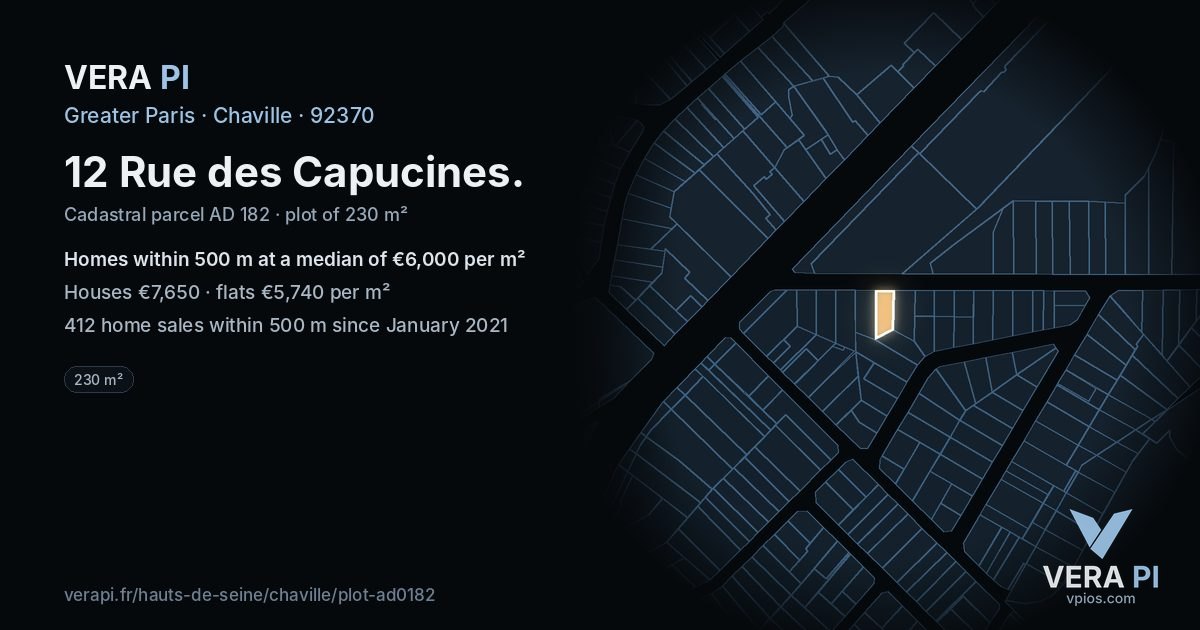 12 Rue des Capucines, Chaville at night – the plot lit, the parcels around coloured by the prices near them