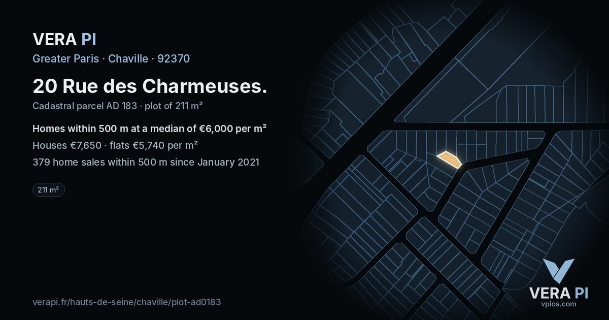 20 Rue des Charmeuses, Chaville at night – the plot lit, the parcels around coloured by the prices near them
